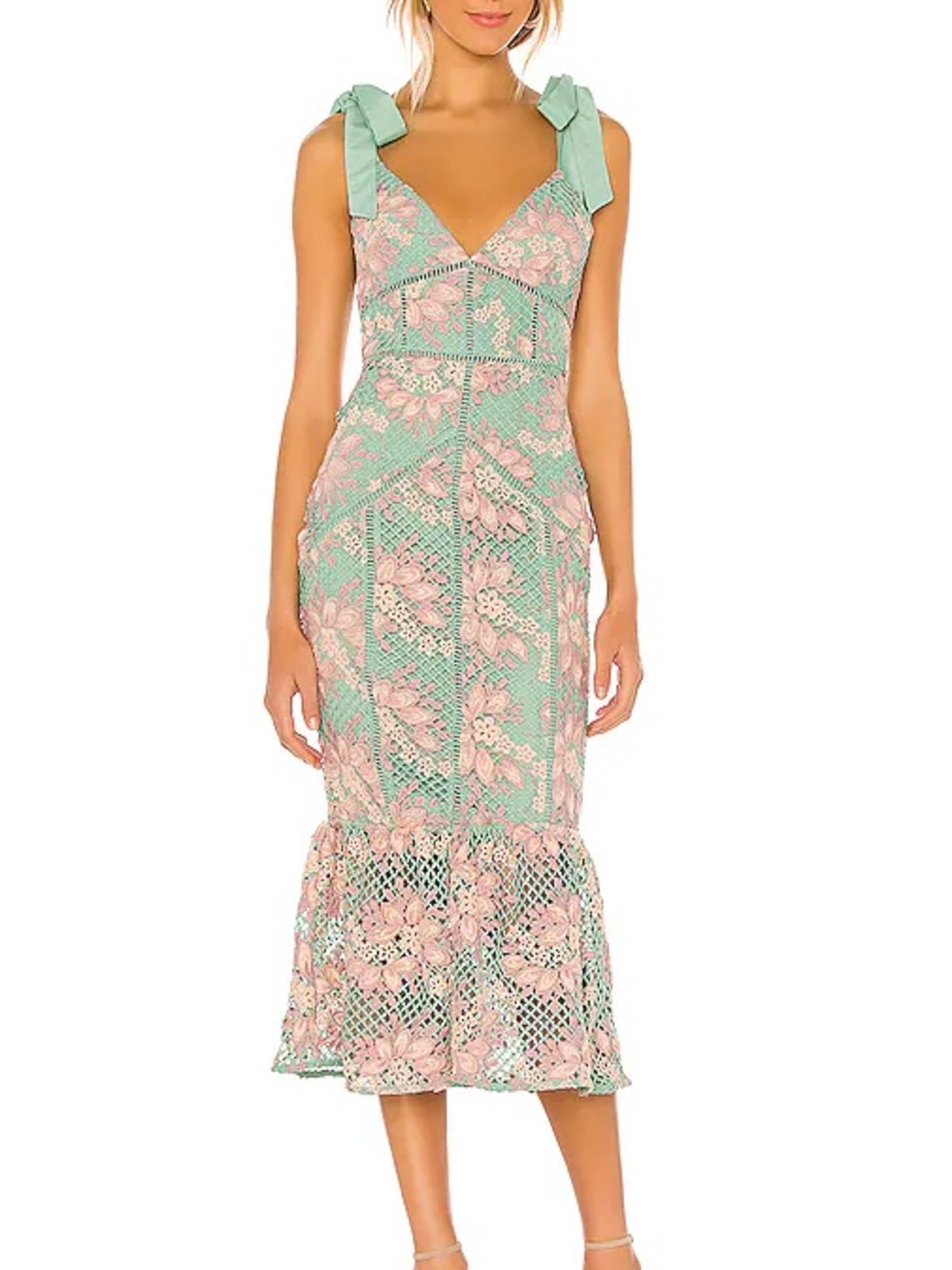 Lovers + Friends Mint and Blush Floral Lace Midi Dress with Tie Straps